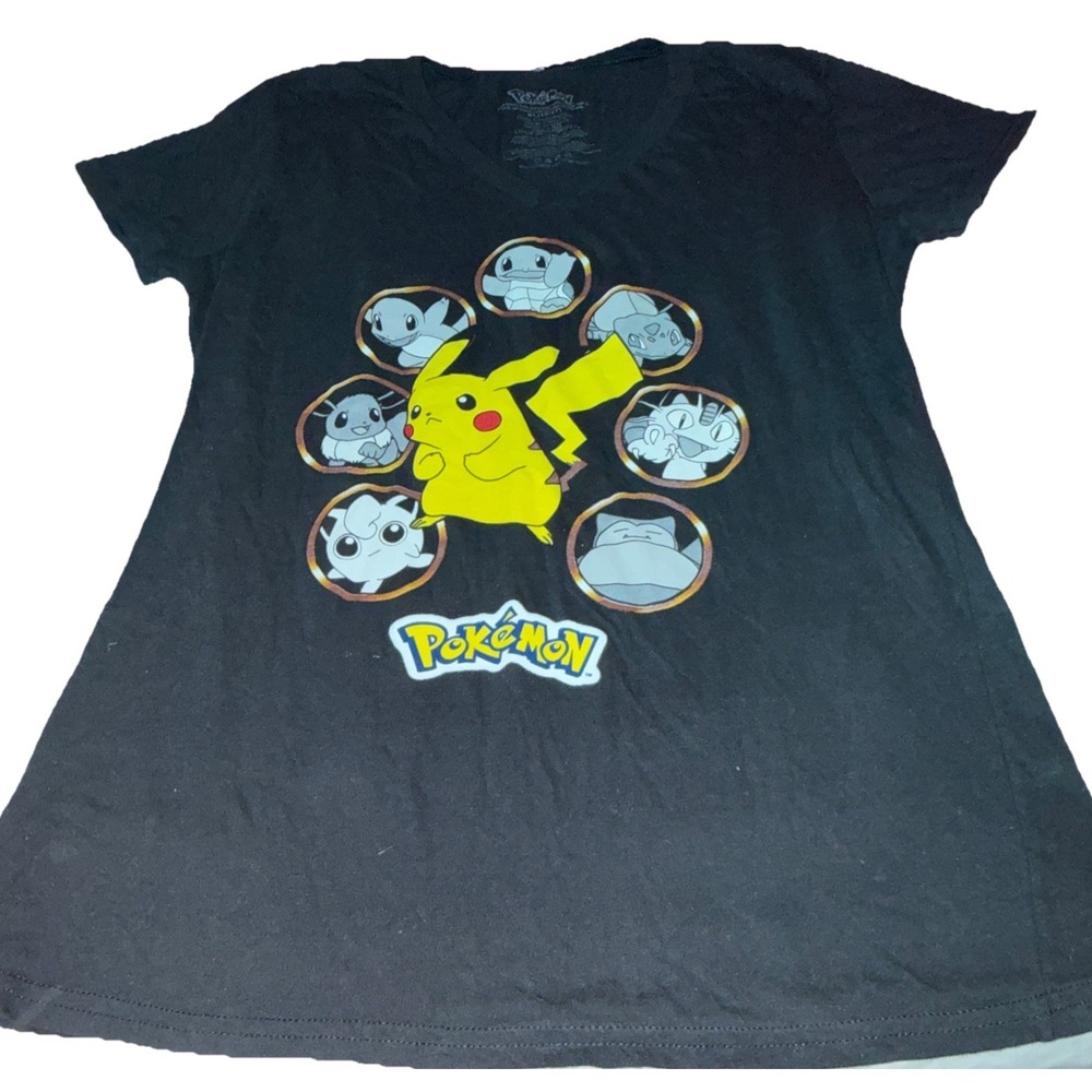Jr. Women's T-Shirt POKEMON CHARACTERS Pikachu BLACK V-NECK Cap Sleeve XL 15-17